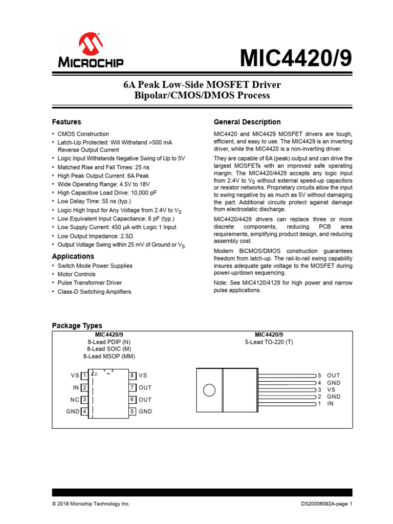 MIC4420 29 6A Peak Low Side MOSFET Driver DS20006092A | PDF | Capacitor ...