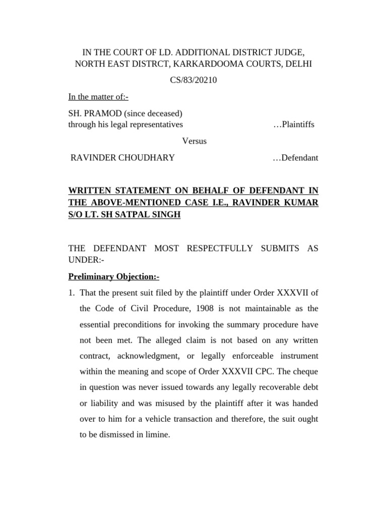 Defendant's Written Statement in CS/83/20210 | PDF | Lawsuit | Affidavit