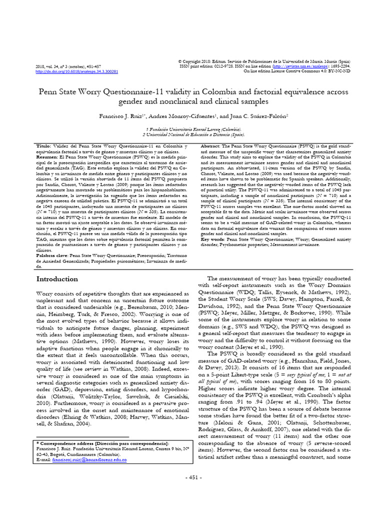 Validez Del Penn State Worry Questionnaire-11 en Colombia | PDF ...