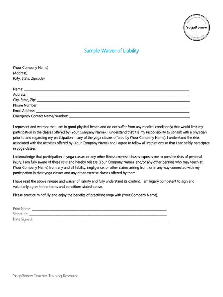 Yoga Class Liability Waiver Template | PDF