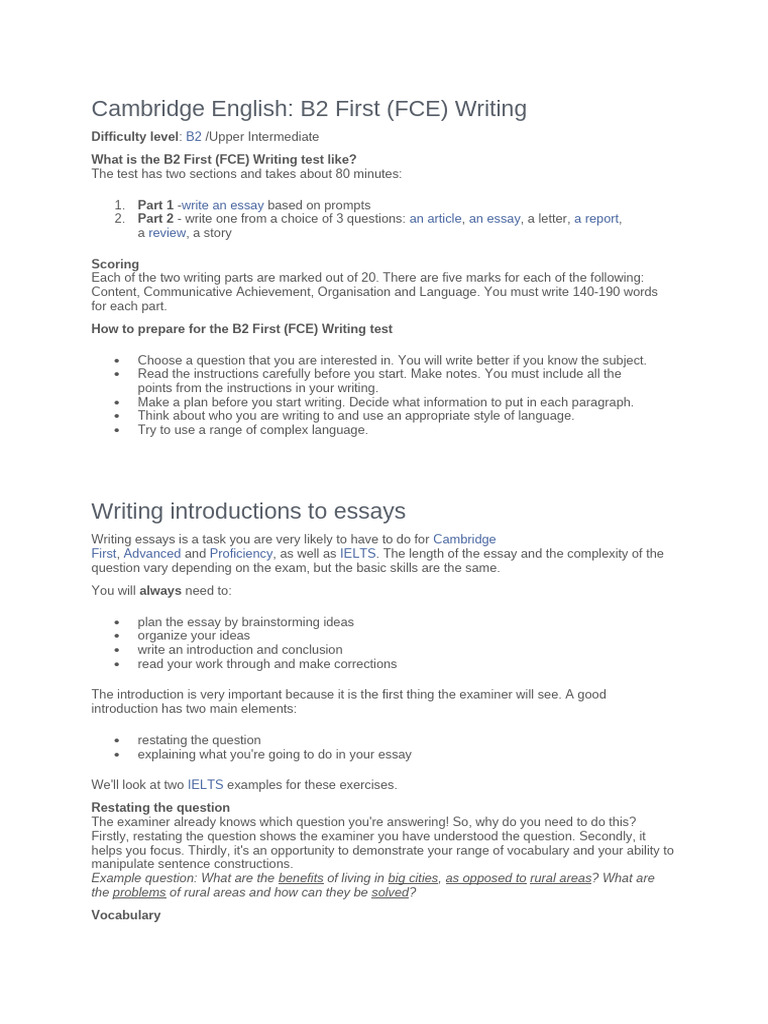 B2 First (FCE) Writing Test Guide | PDF | Essays | Question