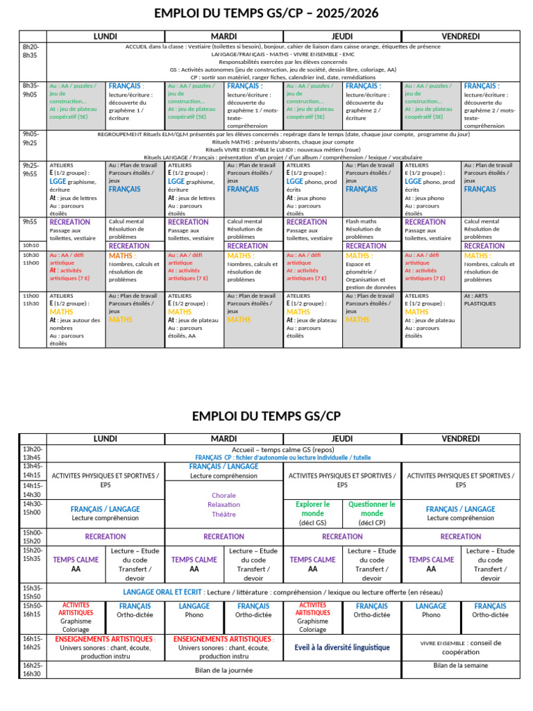 Emploi du Temps GS/CP 2025-2026 | PDF | Linguistique | Communication ...