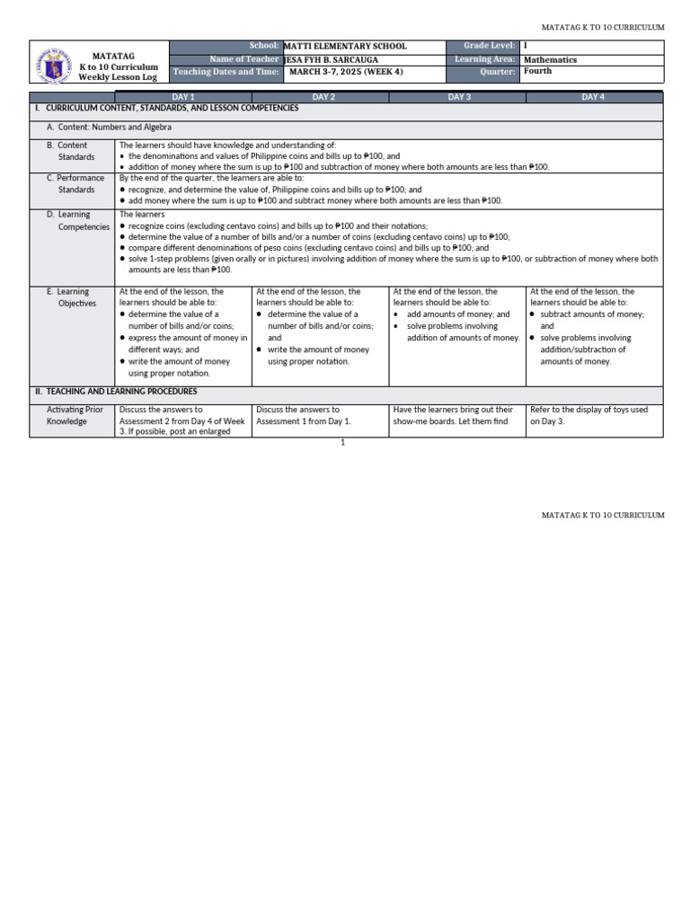 K to 10 Math Lesson Plan: Money Skills | PDF | Money