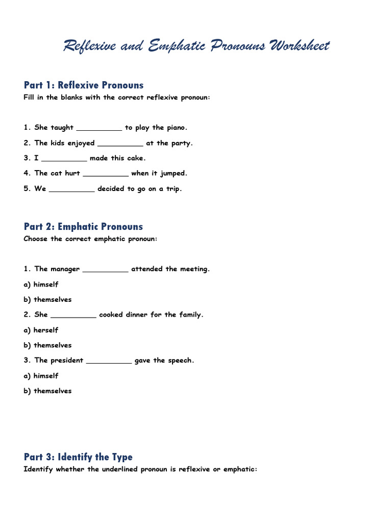 Reflexive and Emphatic Pronouns Worksheet | PDF