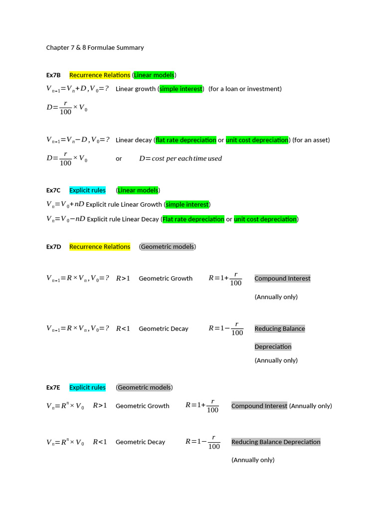 Chapter 7 & 8 Formulae Summary | PDF | Interest | Compound Interest