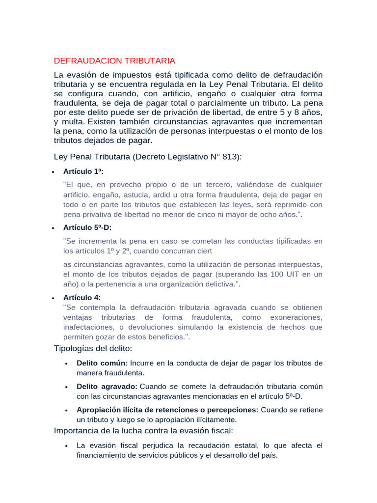 Defraudación Tributaria: Tipos y Penalidades | PDF | Evasión de ...