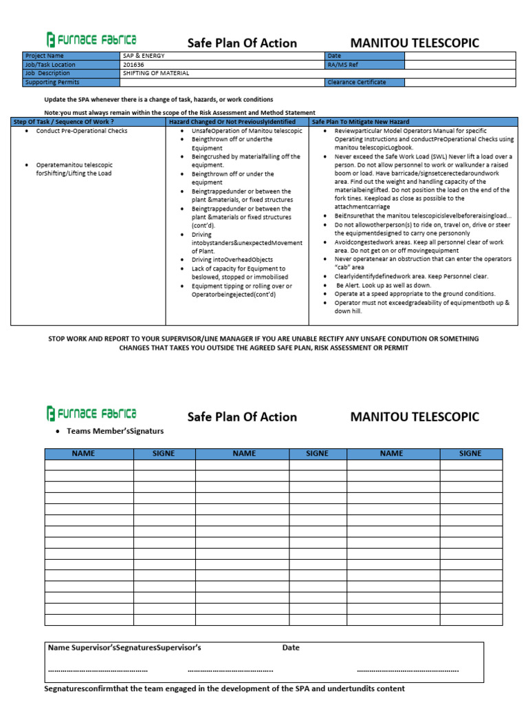 Manitou Telescopic Safe Work Plan | PDF | Occupational Safety And ...