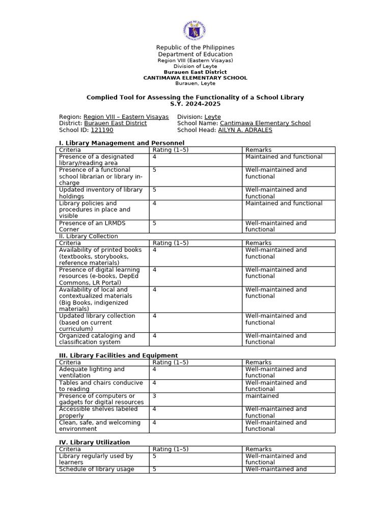 School Library Functionality Assessment | PDF | Libraries | School Library