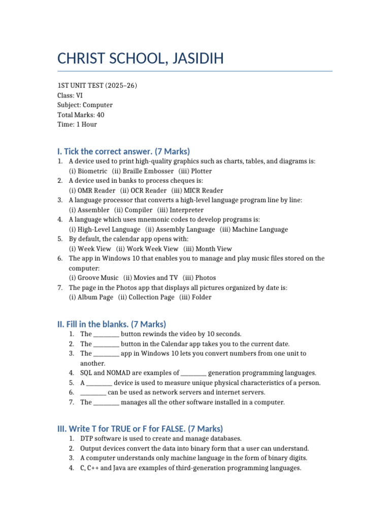 Class VI Computer Unit Test 2025-26 | PDF | Databases | Computer ...