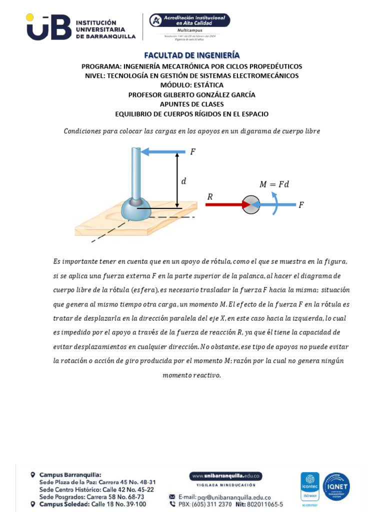 Apuntes Clase de Estática N°8 Equilibrio de Cuerpos Rígidos en 3D | PDF ...