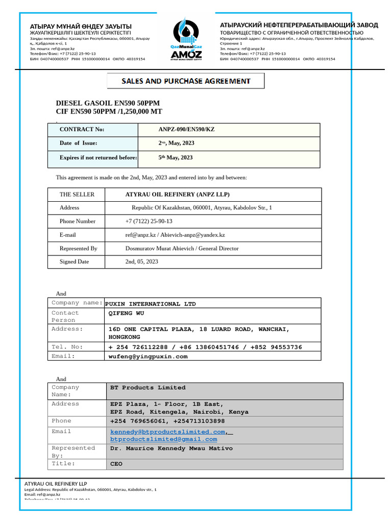 Atyrau Oil Refinery Diesel Contract | PDF | Letter Of Credit | Arbitration