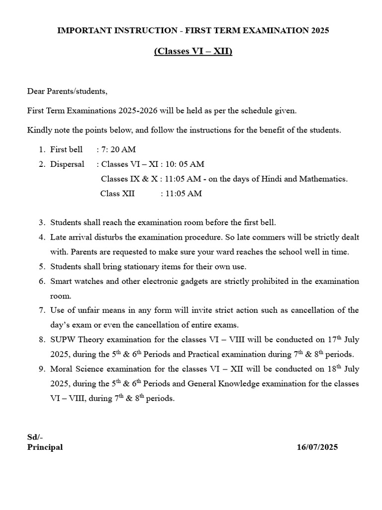 First Term Exam Instructions 2025 | PDF