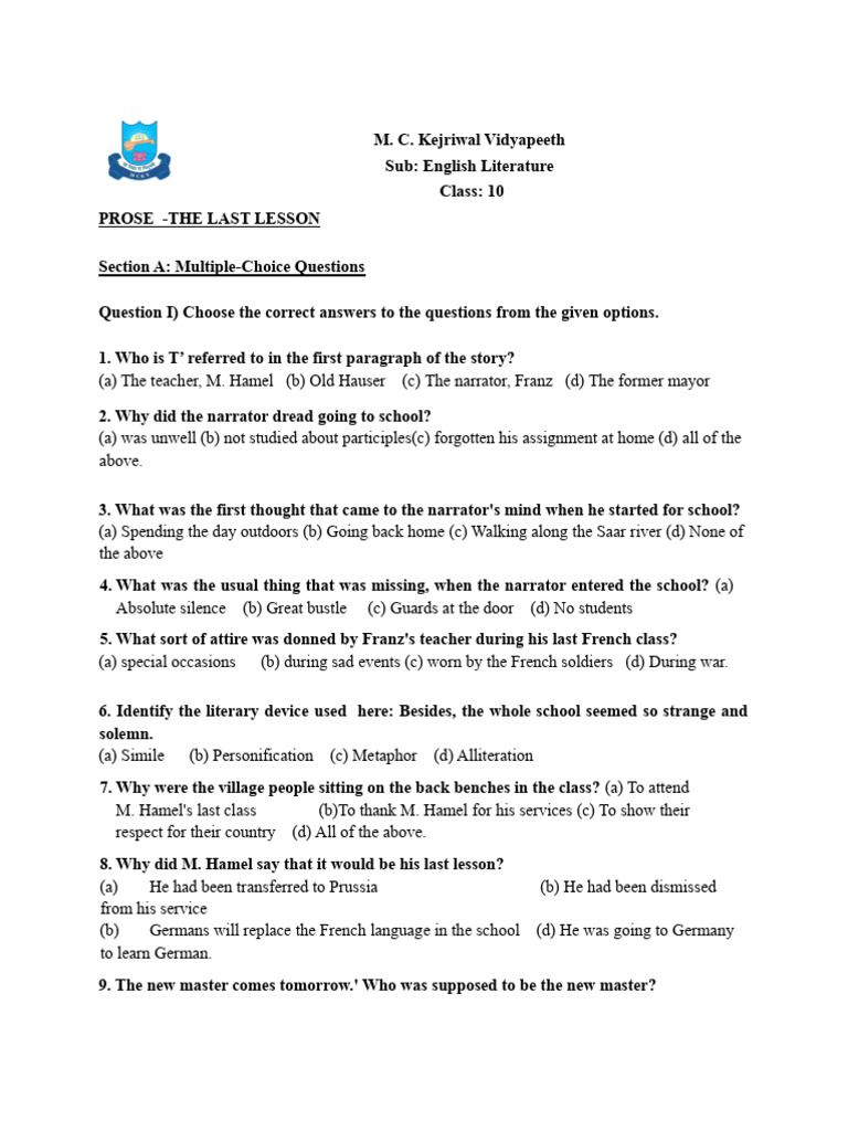 The Last Lesson - Question Bank-1 | PDF