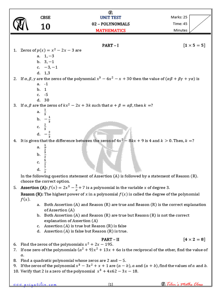 Unit Test - 02 Polynomials | PDF | Mathematical Analysis | Abstract Algebra