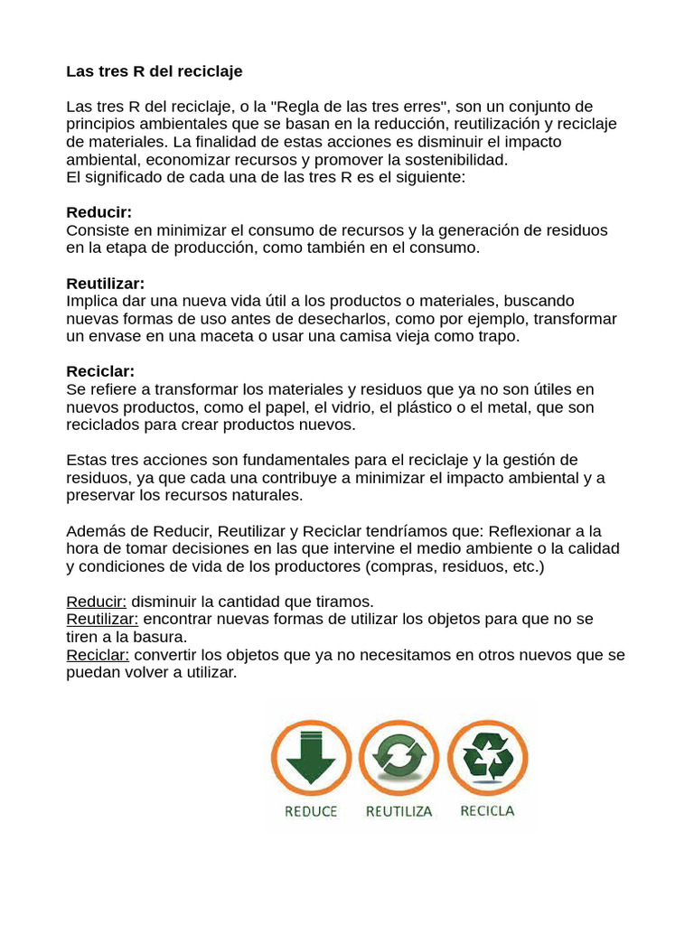Tres R del Reciclaje: Reduce, Reutiliza, Recicla | PDF
