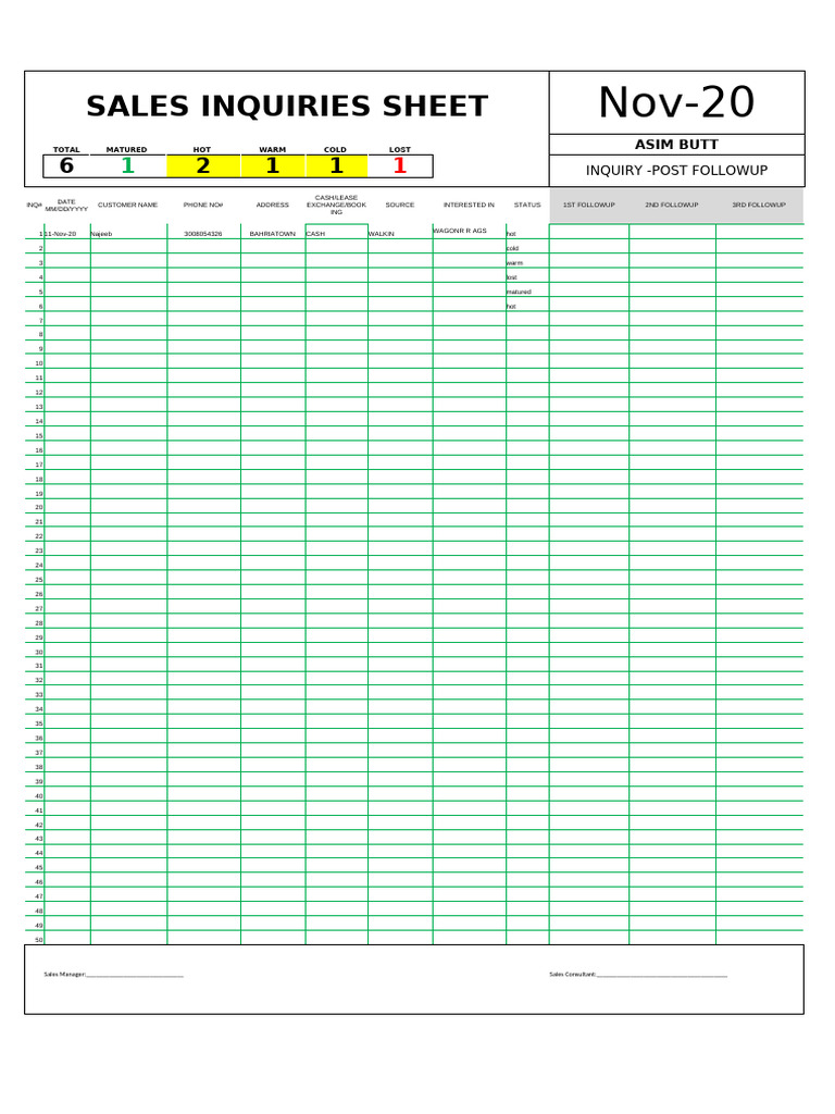 Sales Inquiry Tracking Sheet | PDF