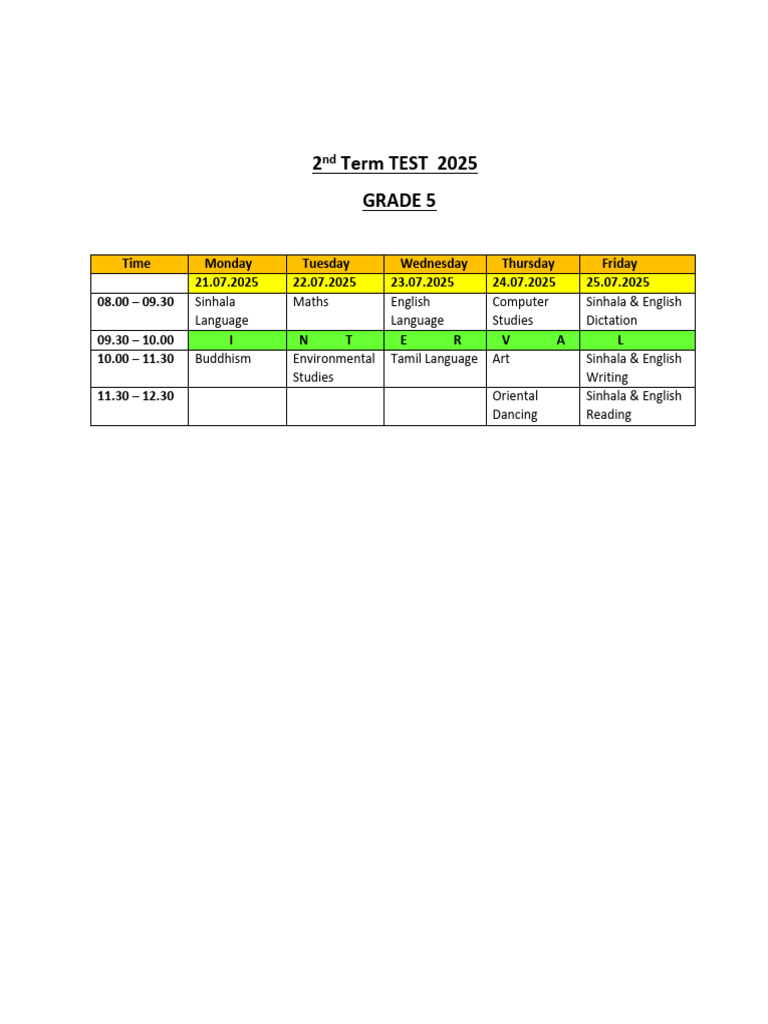 Grade 5 2nd Term Exam Schedule 2025 | PDF