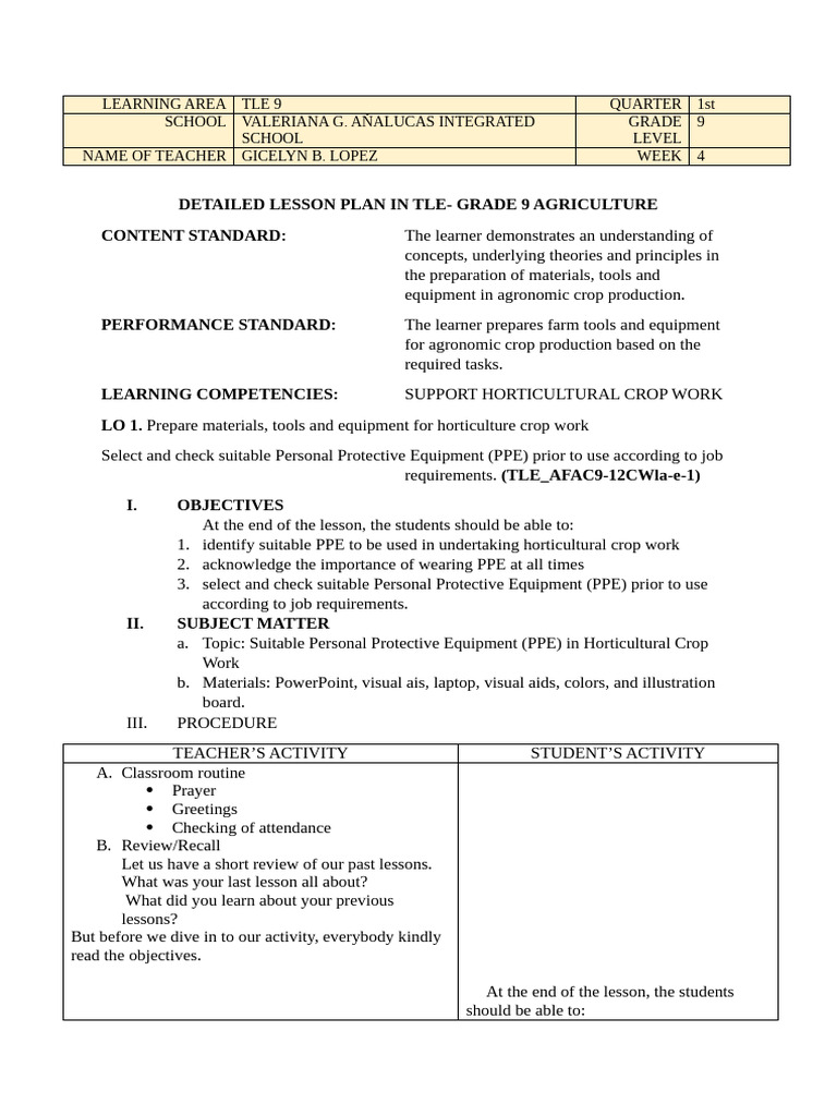 PPE in Horticultural Crop Work Lesson Plan | PDF | Personal Protective ...