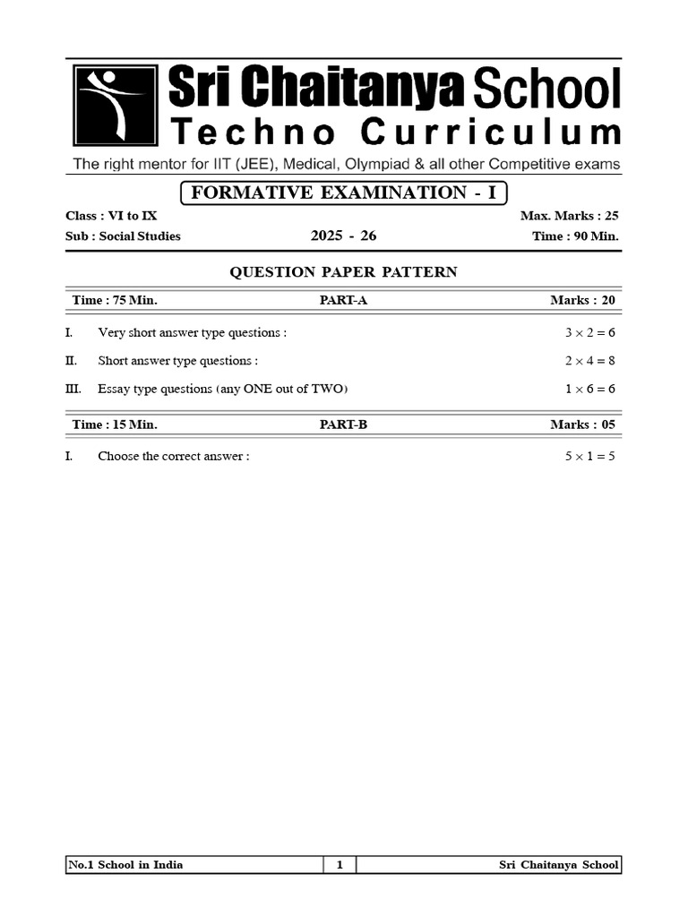Sri Chaitanya School Exam Pattern 2025 | PDF