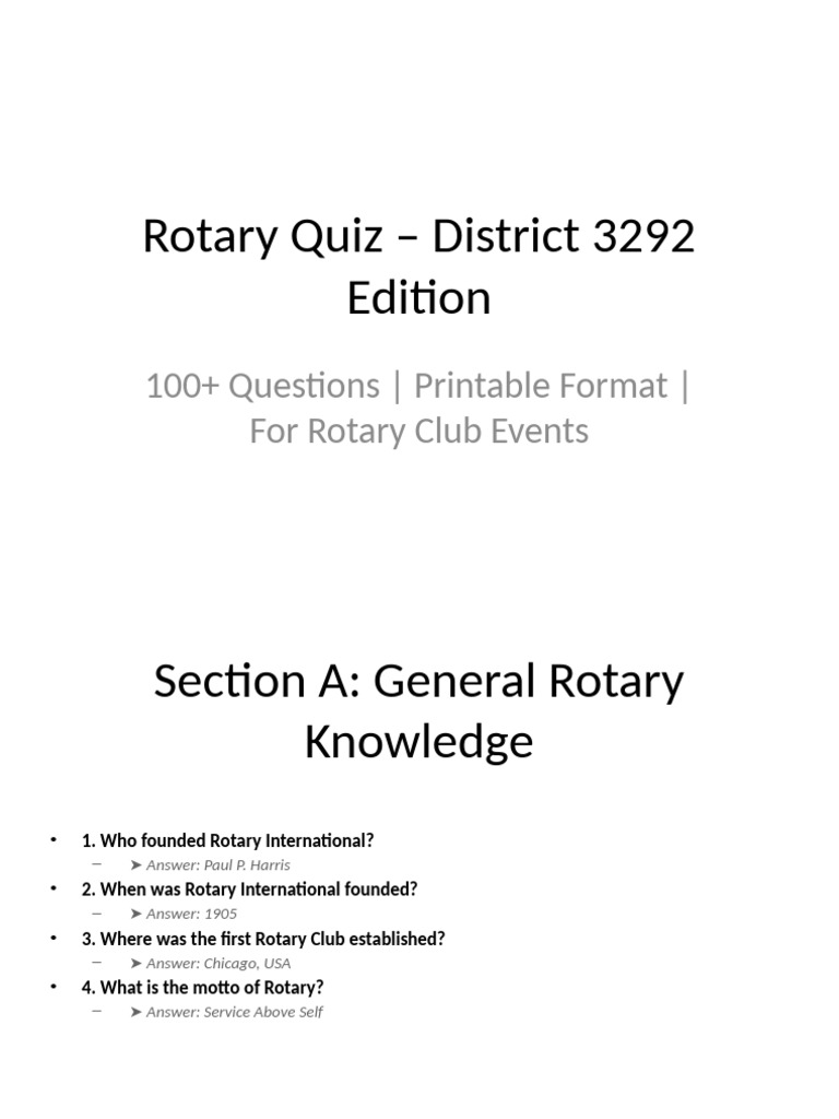 Rotary Quiz Questions for 2025 | PDF | Non Profit Organizations | Clubs ...