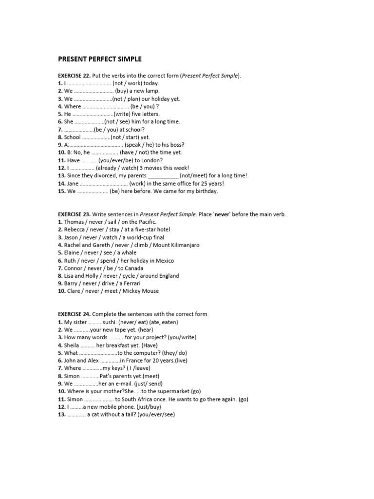 Present Perfect Tense Exercises | PDF