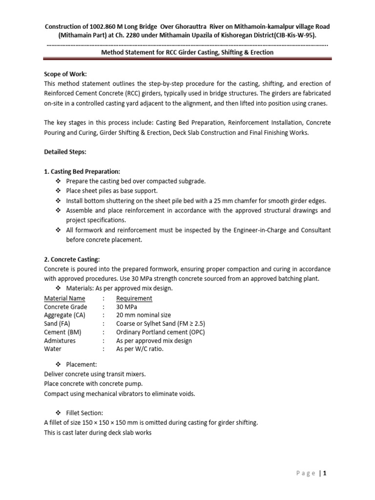 RCC Girder Method Statement for Bridge | PDF | Concrete | Building ...