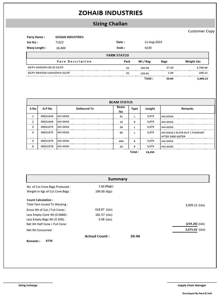 Yarn Sizing Challan for Gogan Industries | PDF | Textiles | Textile Arts