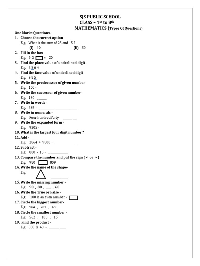 Class 1-8 Mathematics Question Types | PDF