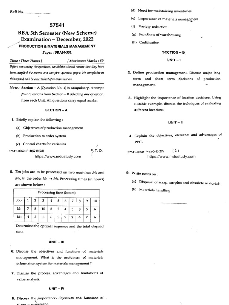 Bba 5 Sem Production and Materials Management 57541 Dec 2022 | PDF