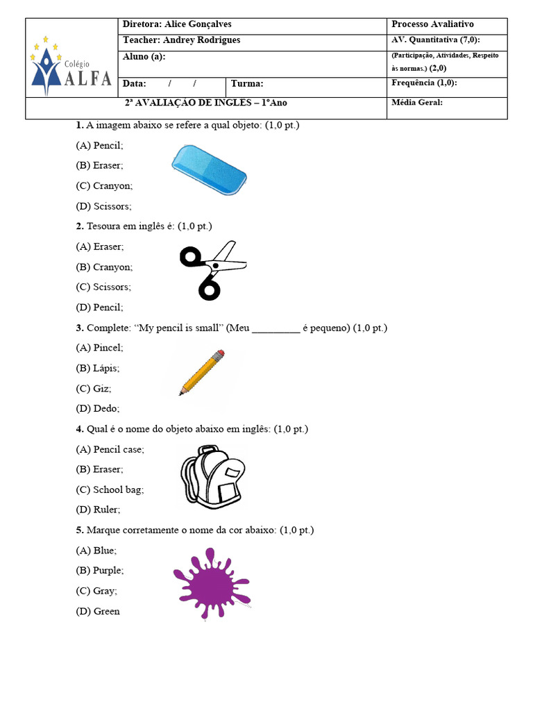 Avaliação de Inglês para 1º Ano | PDF
