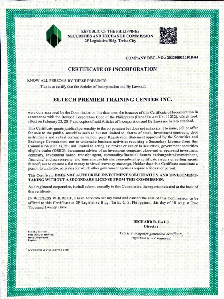 Certificate of Incorporation ELTECH | PDF
