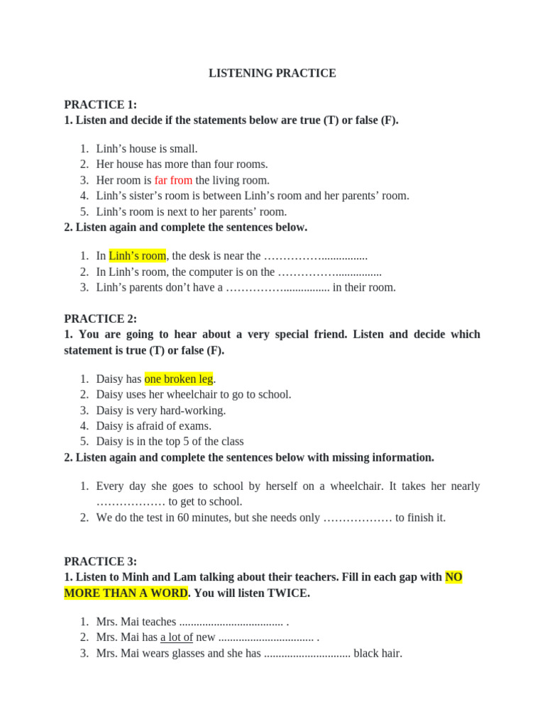 Linh's Room and Listening Exercises | PDF