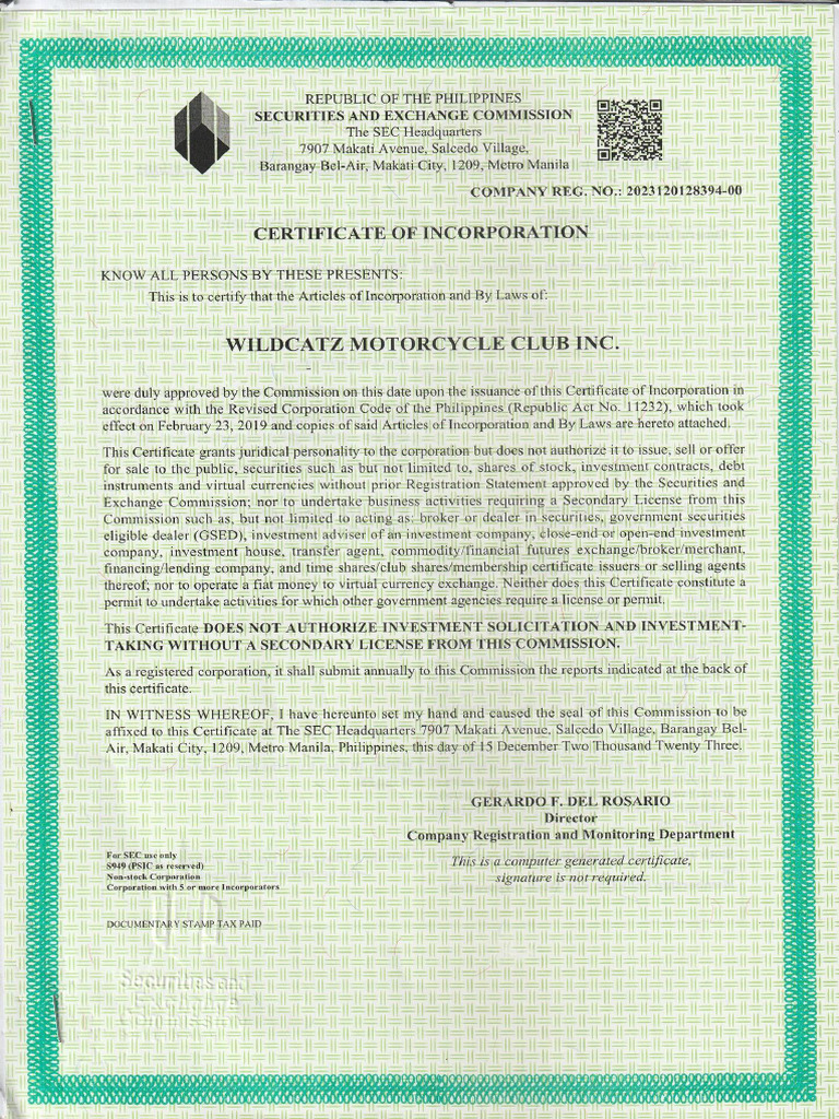 Wildcatz Motorcycle Certificate | PDF