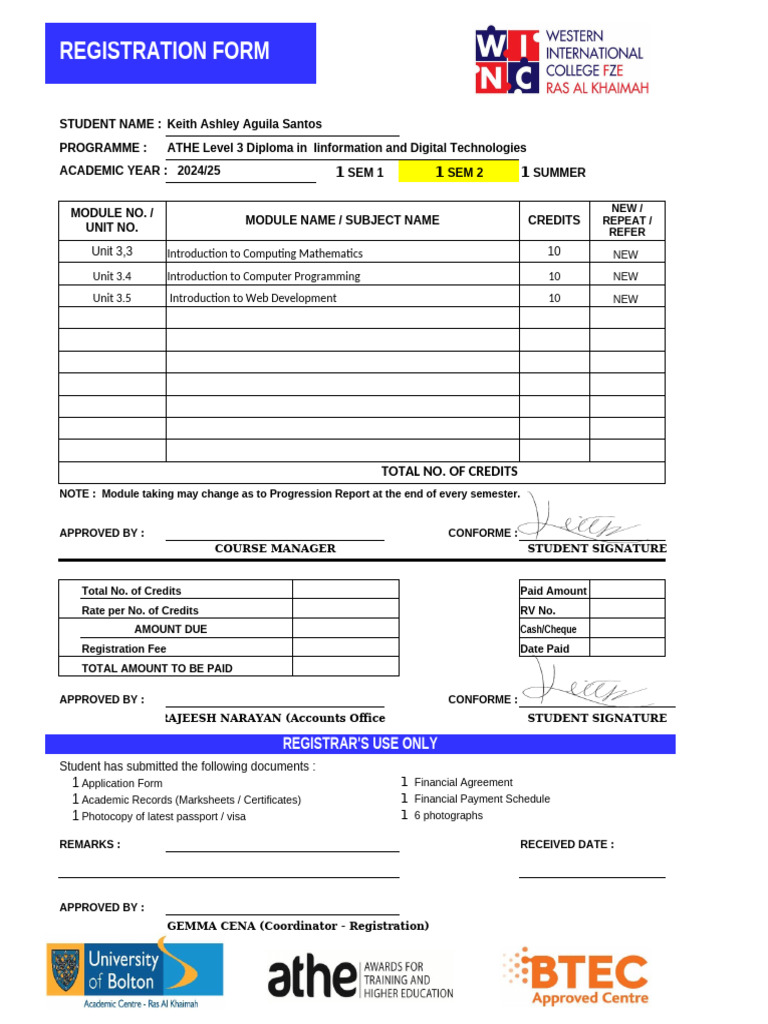 Registration Form - ATHE-Level 3 - IDT - S2 2024-25 | PDF