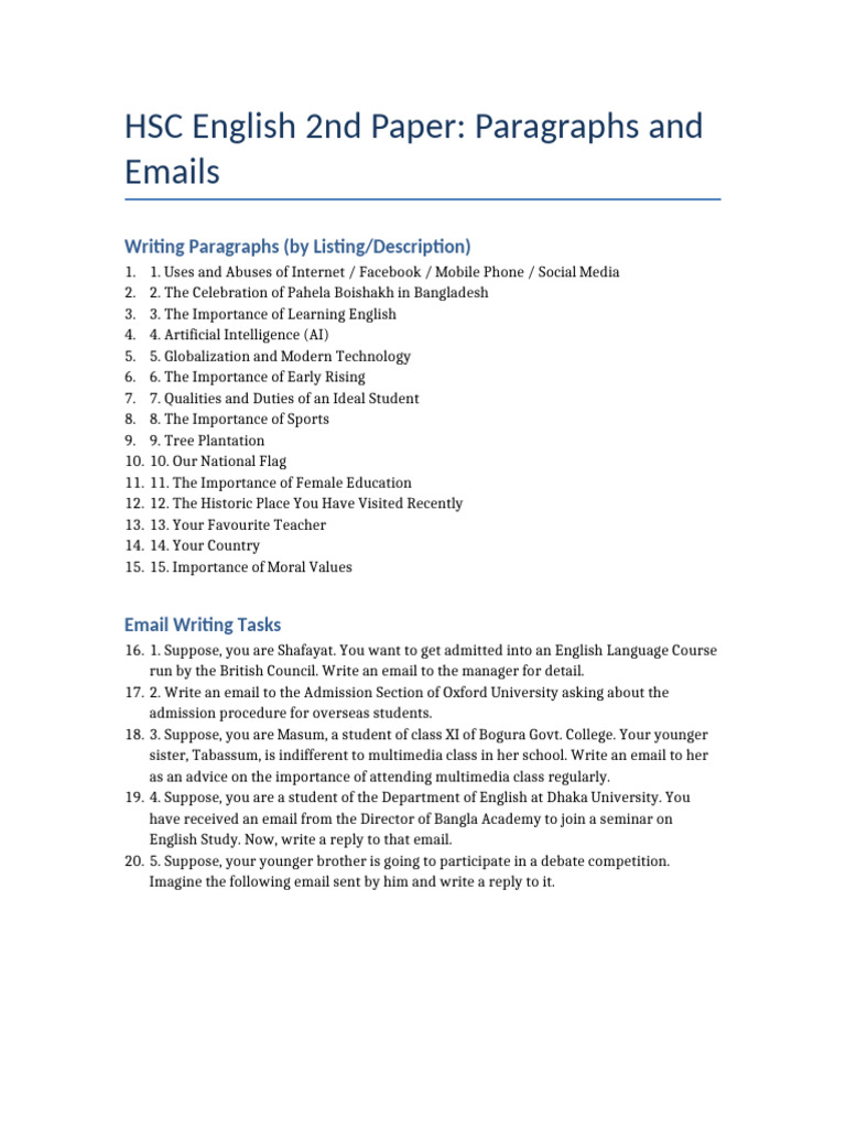 HSC English Writing: Paragraphs & Emails | PDF