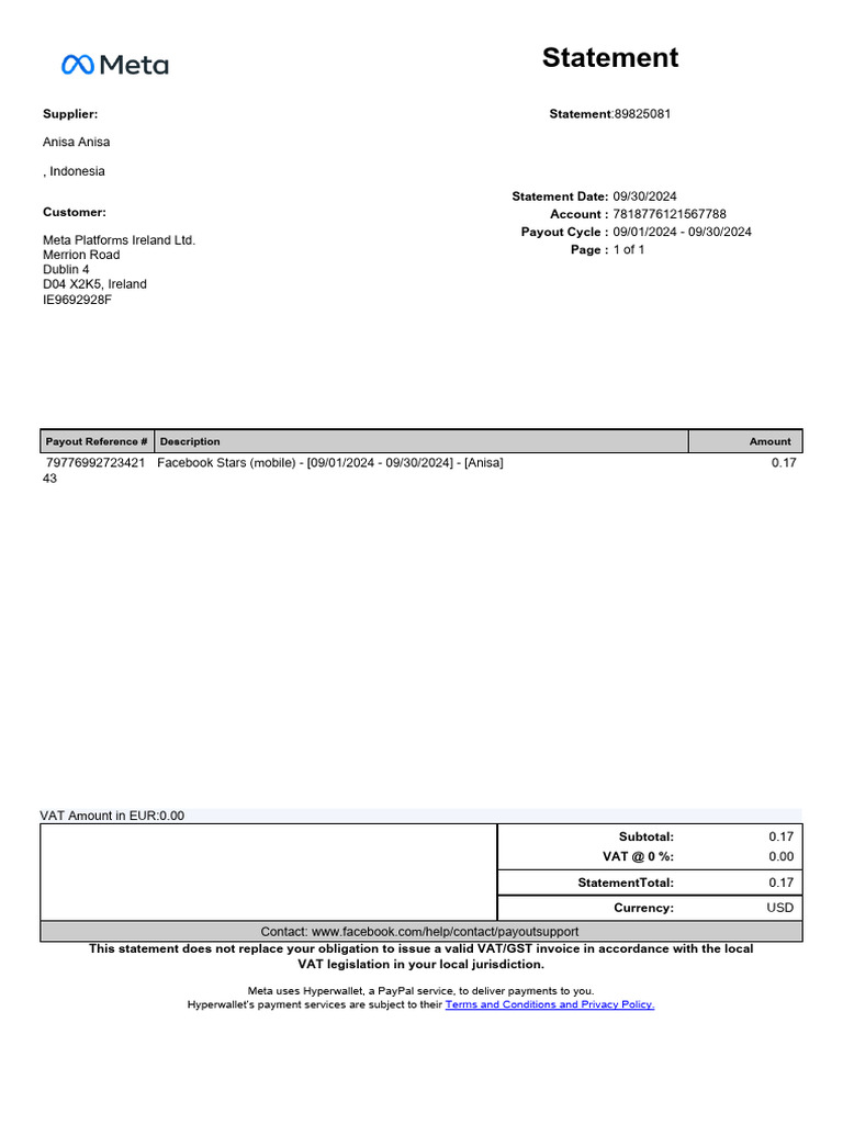 Meta Payout Statement for Anisa 09/2024 | PDF | Economies | Business