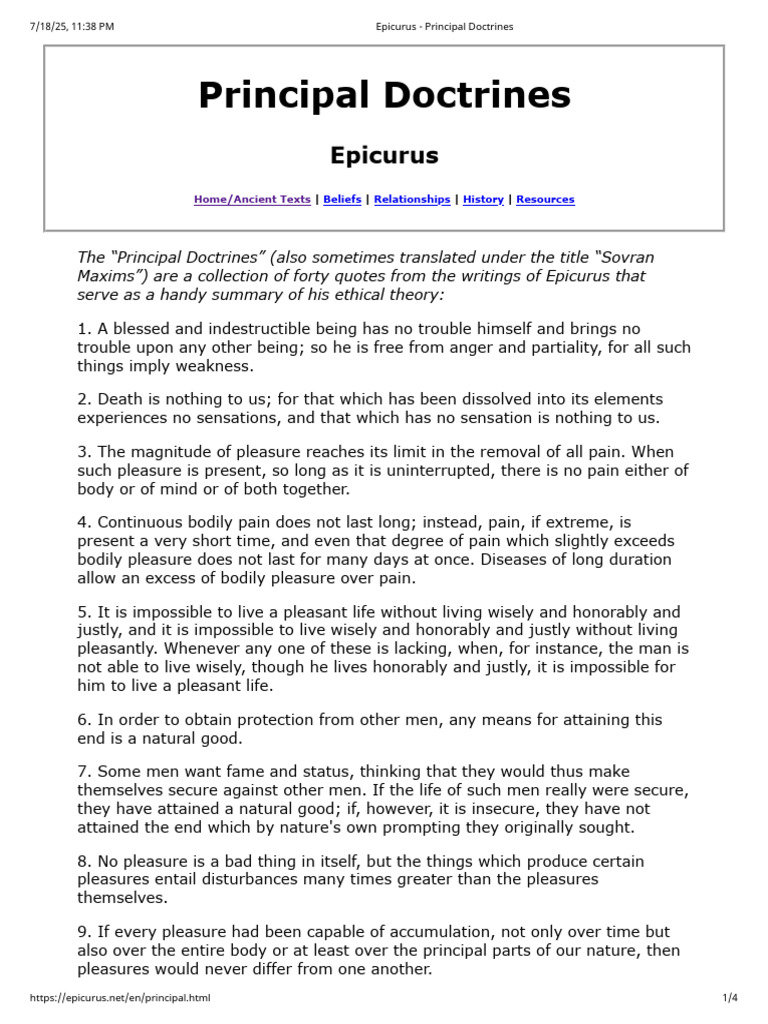 Epicurus' Principal Doctrines Explained | PDF | Pleasure | Mind