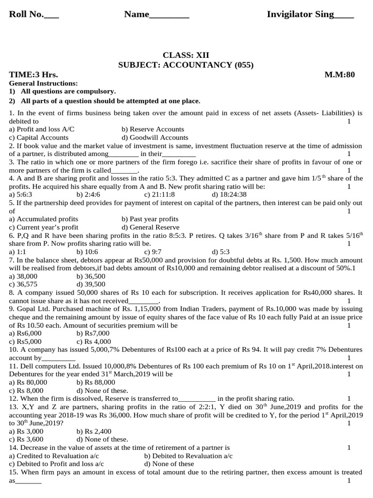 Class XII Accountancy Exam Questions | PDF | Balance Sheet | Goodwill ...
