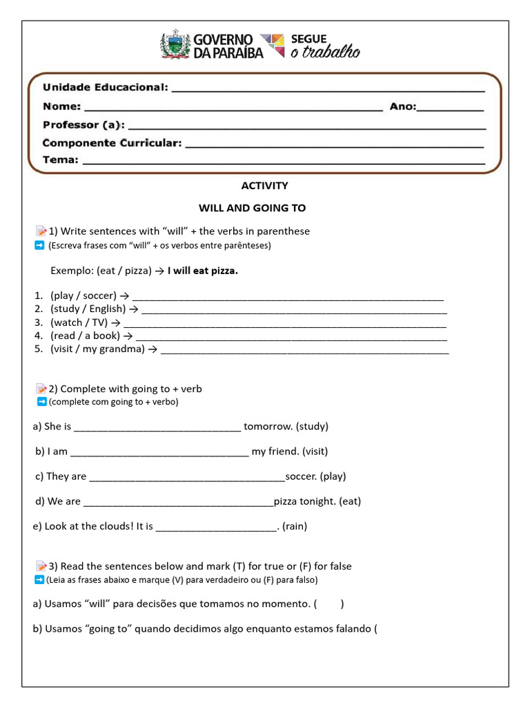 Will vs Going To: Grammar Activity | PDF