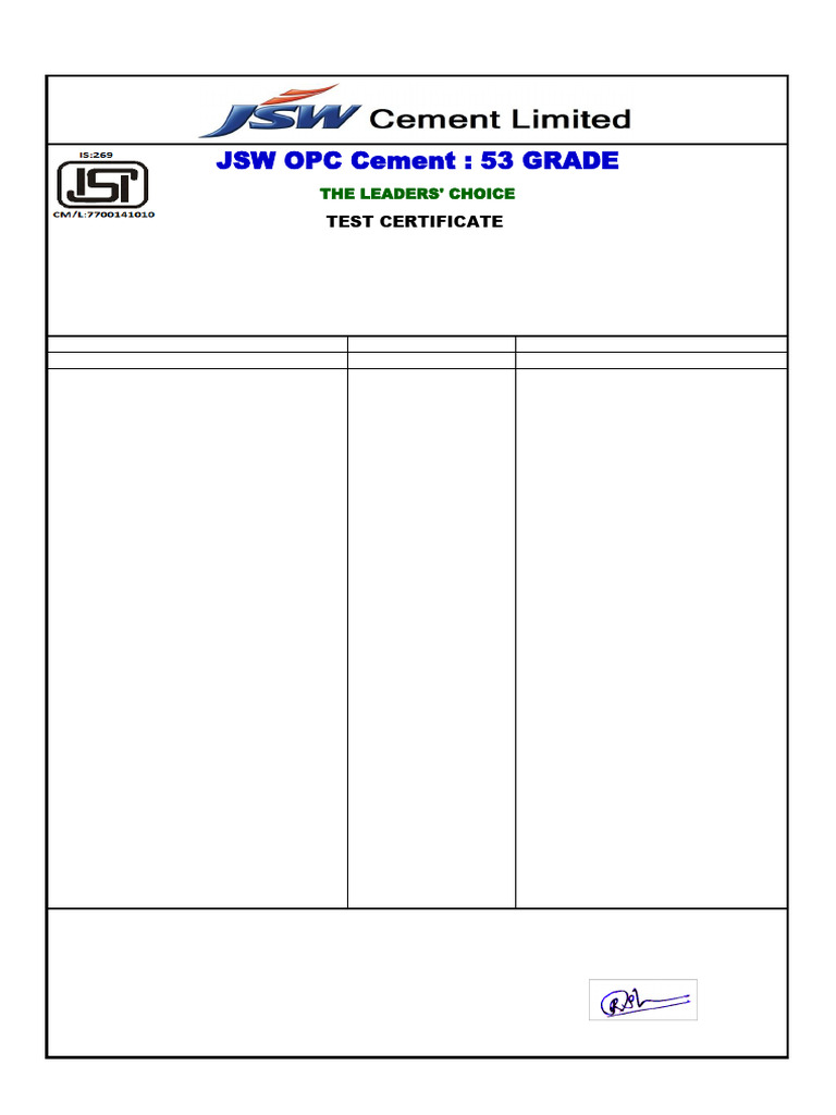 JSW OPC 53 Grade Cement Test Results | PDF | Physical Sciences ...