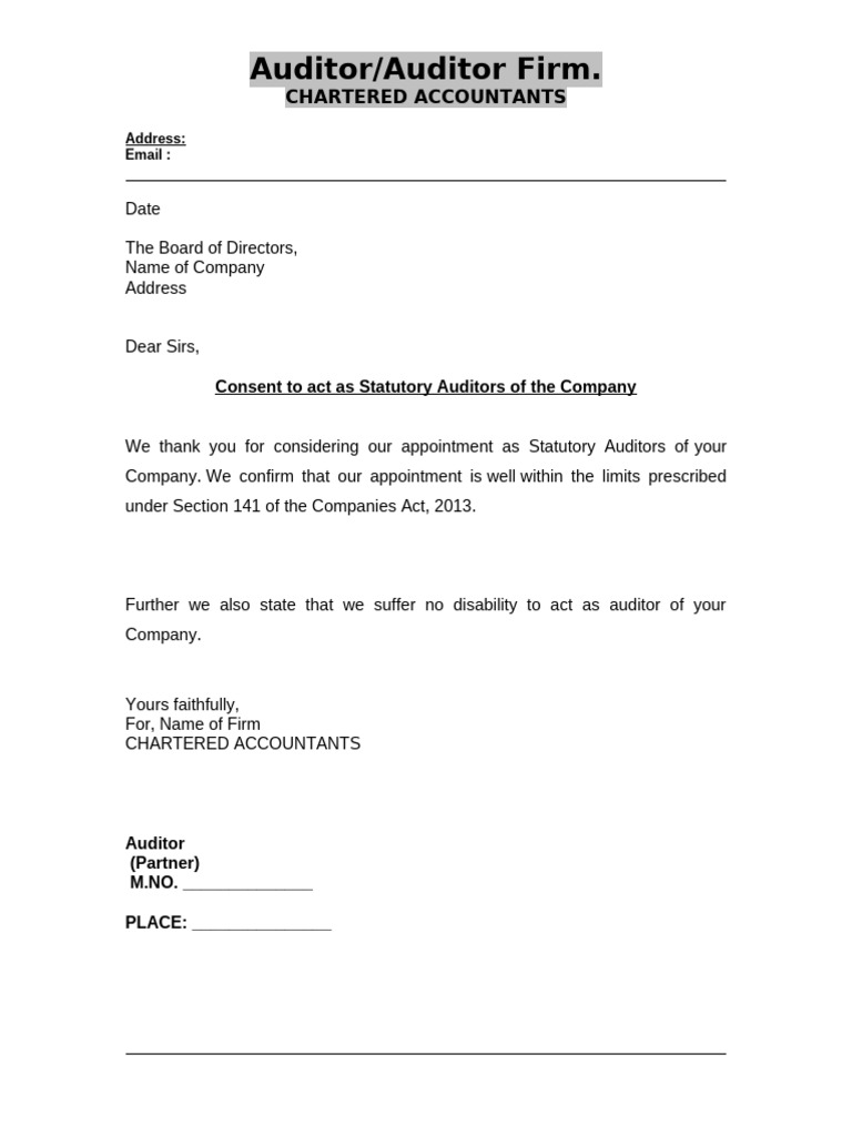 Consent Letter for Statutory Auditors | PDF | Financial Services ...