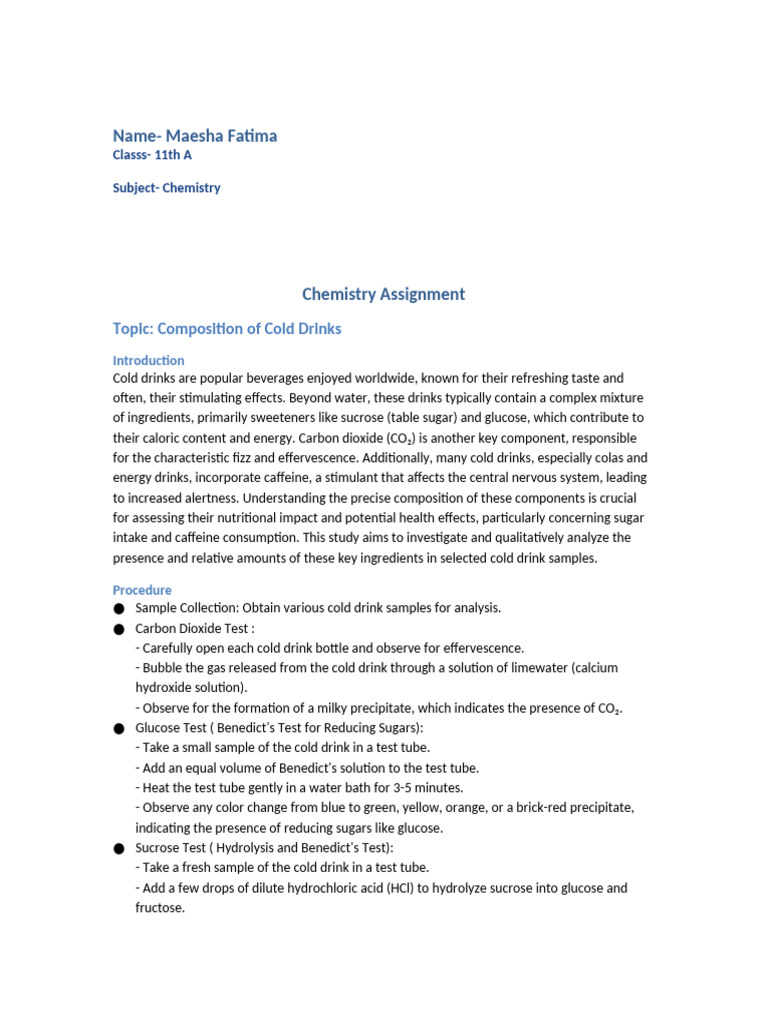 Cold Drink Composition Analysis | PDF | Sucrose | Drink