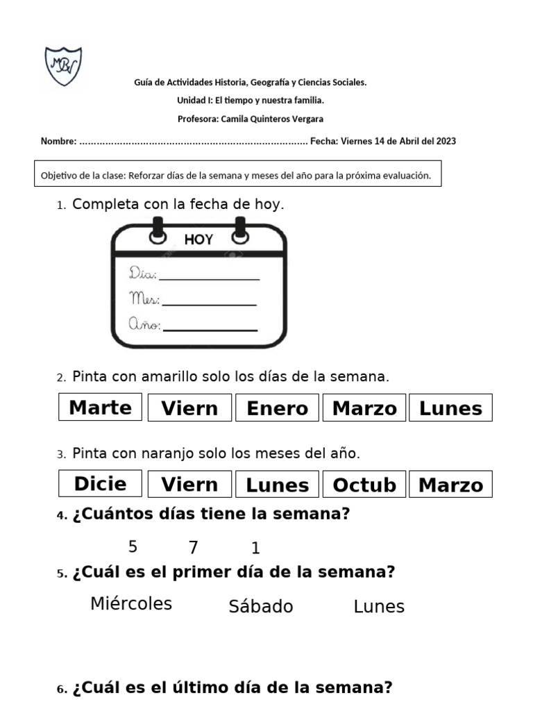 Días de la semana y meses del año | PDF