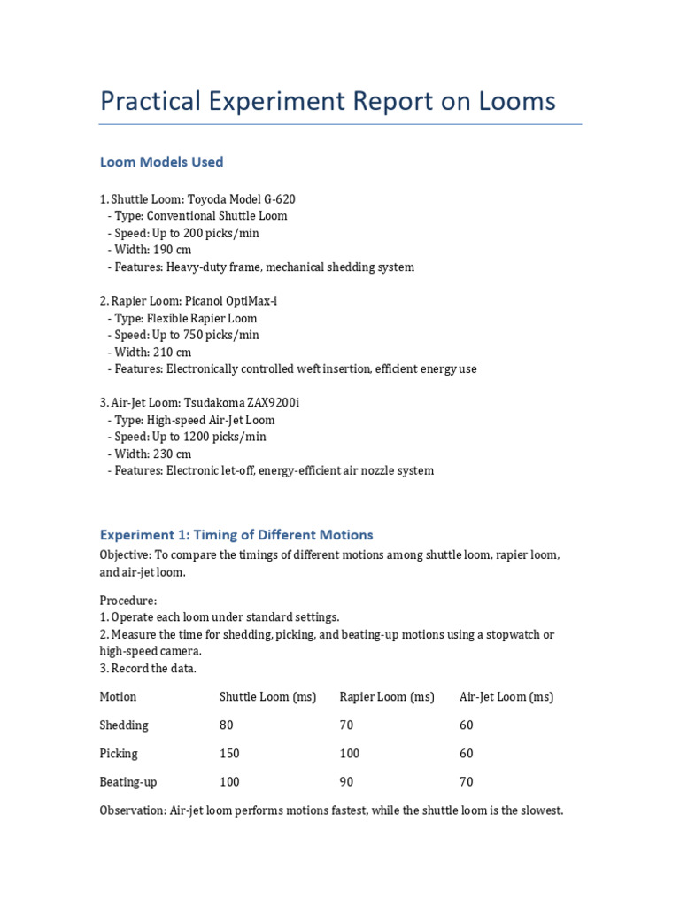 Practical Experiment Looms Report | PDF | Loom | Velocity