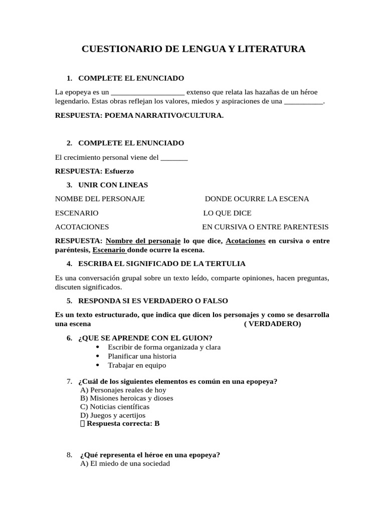 Cuestionario de Lengua y Literatura | PDF