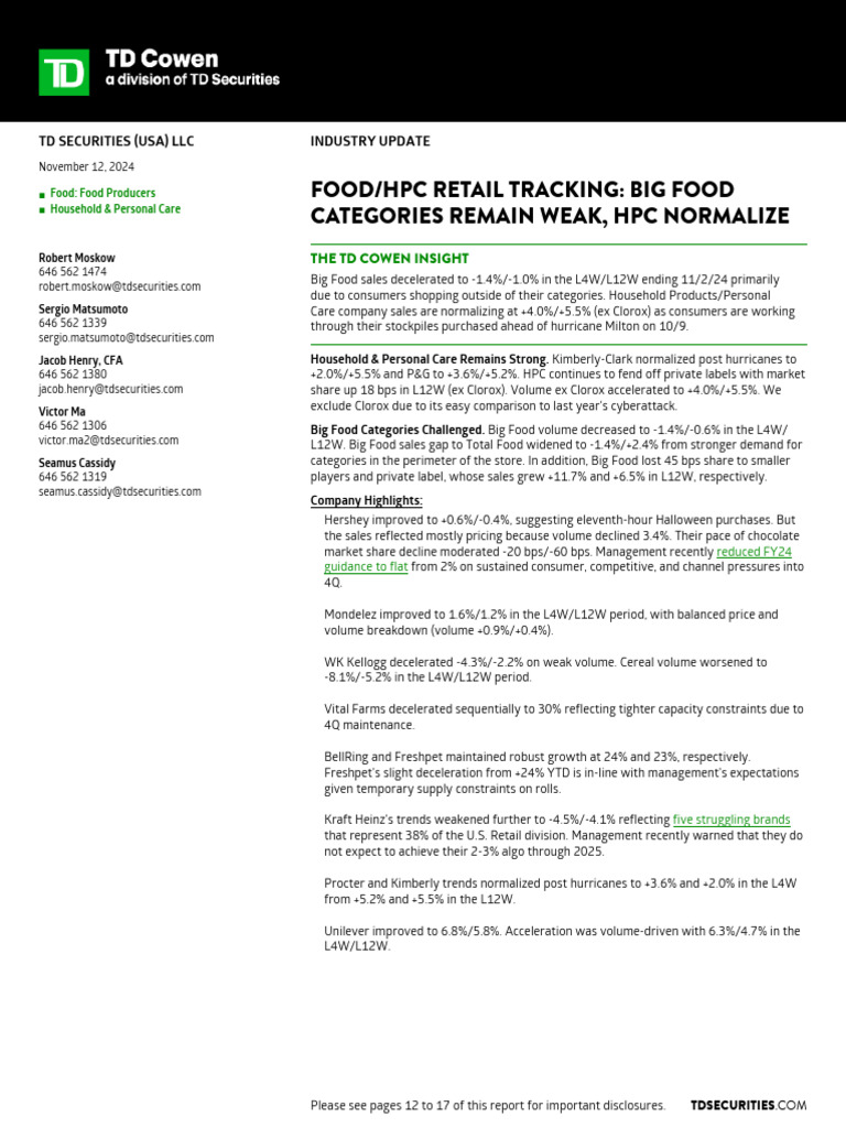 2024 11 12 TDCWN CL Food - HPC Retail 17 Pages | PDF | Valuation (Finance)  | Securities (Finance)