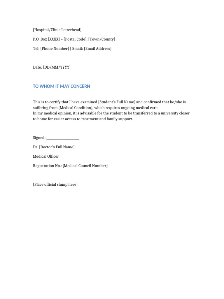 Medical Transfer Recommendation Letter | PDF