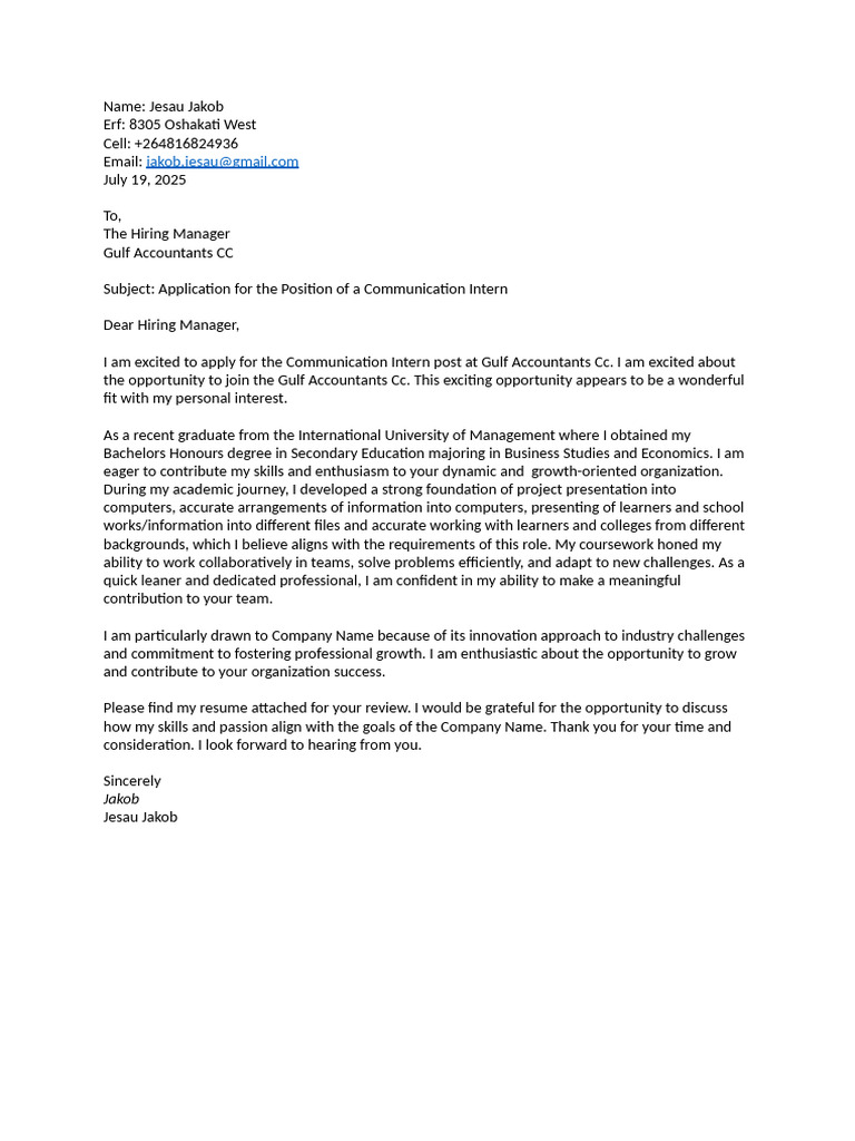 Communication Intern Application Letter | PDF