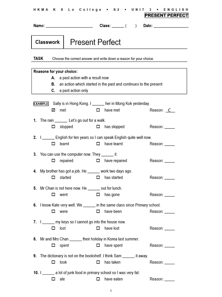 S2U3 Present Perfect (Classwork) | PDF
