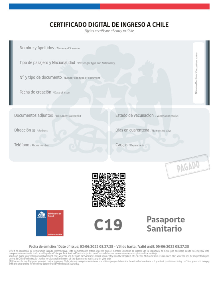 Certificado Digital de Ingreso a Chile | PDF
